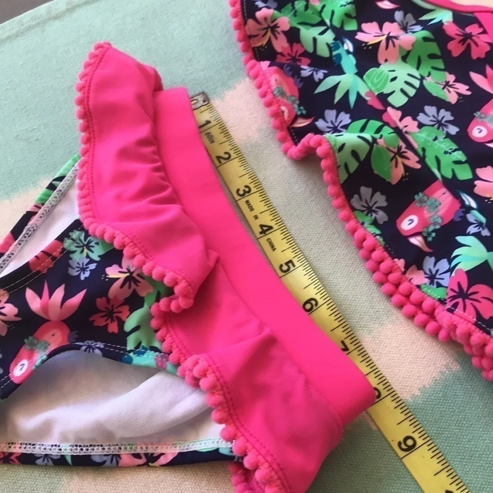 Viv & Lou Floral Ruffle Bikini Swimsuit Pom Pom Trim Small